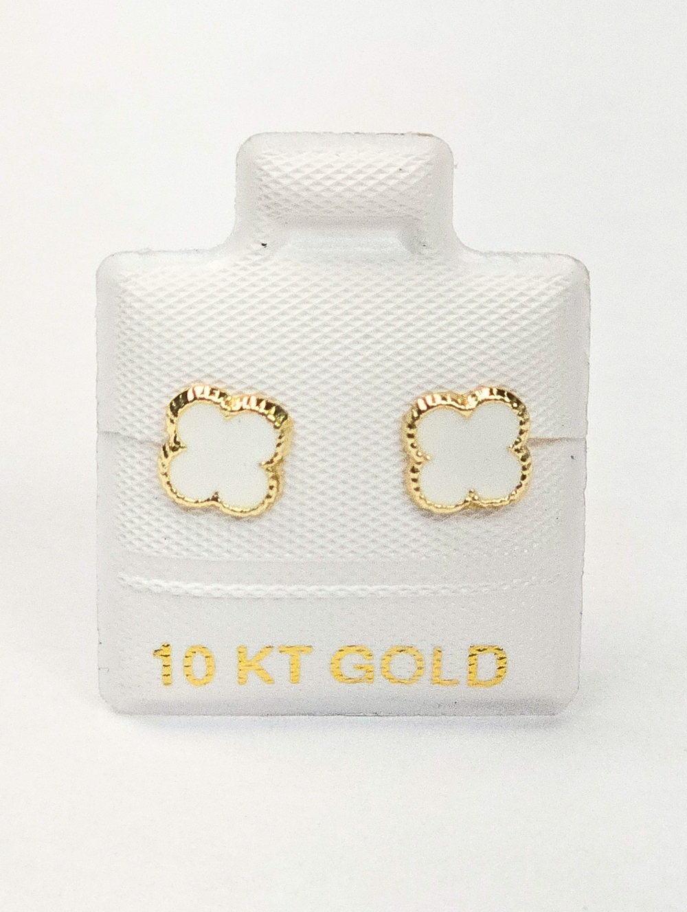 Van Four Leaf White Enamel Stud Earrings Inspired 10K Solid Gold 7mm